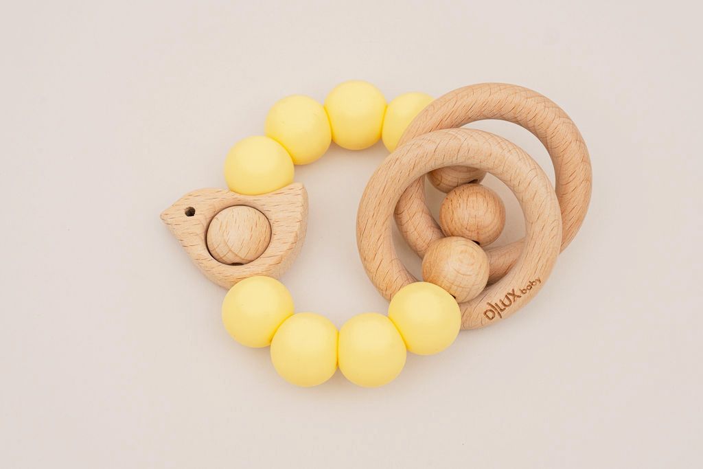 Chirpy Wooden & Silicone Baby Teether - Yellow