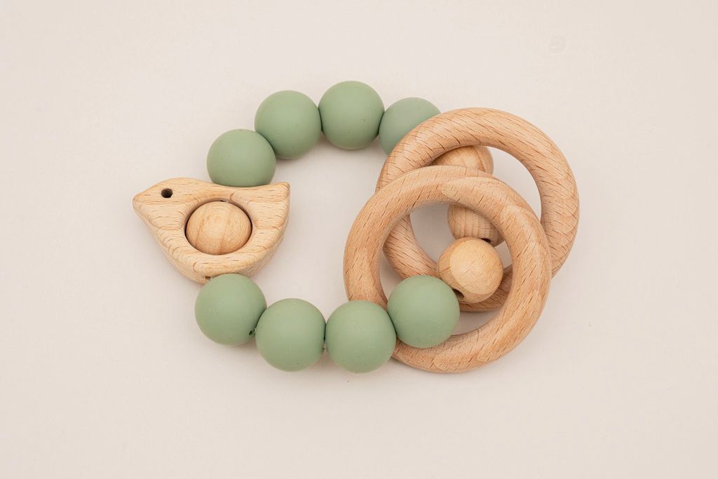 Chirpy Wooden & Silicone Baby Teether - Sage
