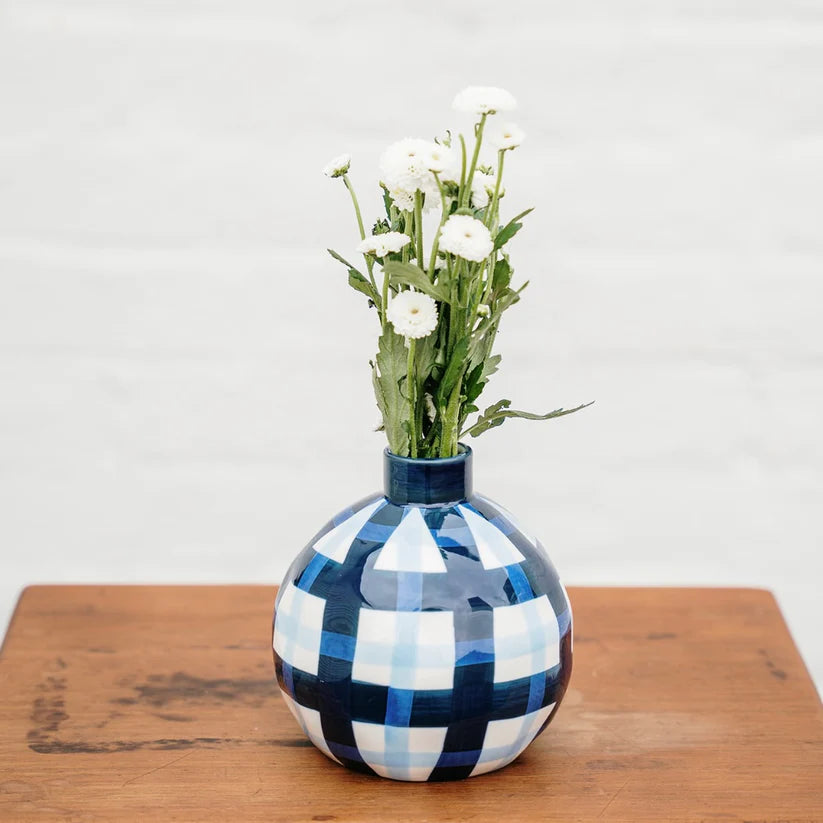 Round Bud Vase - Navy & Cornflower Gingham