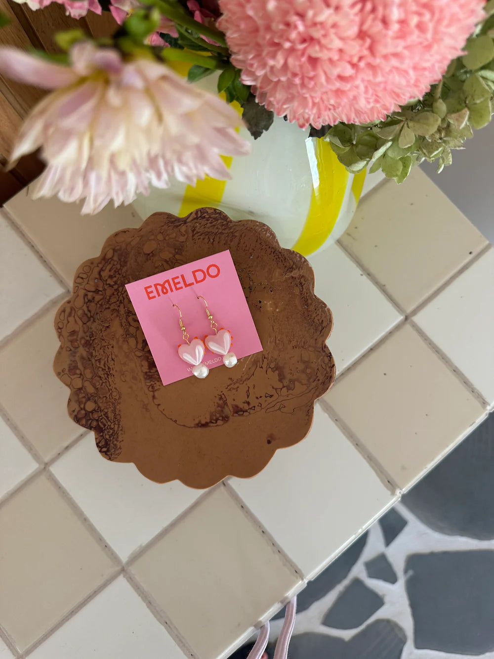 Pink and Red with Pearl Heart Earrings