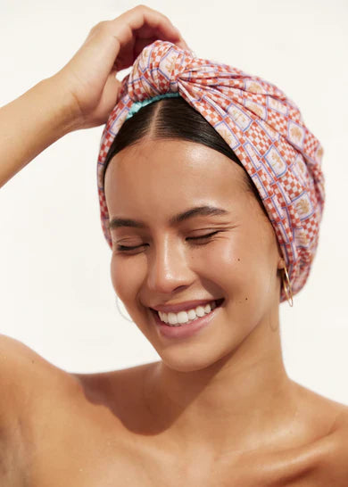 Dahlia Shower Cap in Orange Palm Check - Larger Size