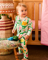 Popping Flowers Green Organic Long Sleeve Zip Romper