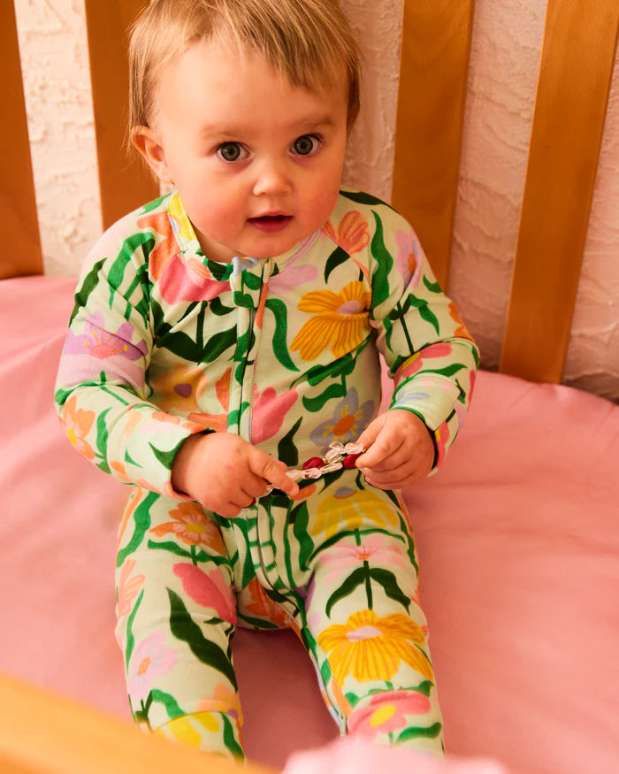 Popping Flowers Green Organic Long Sleeve Zip Romper