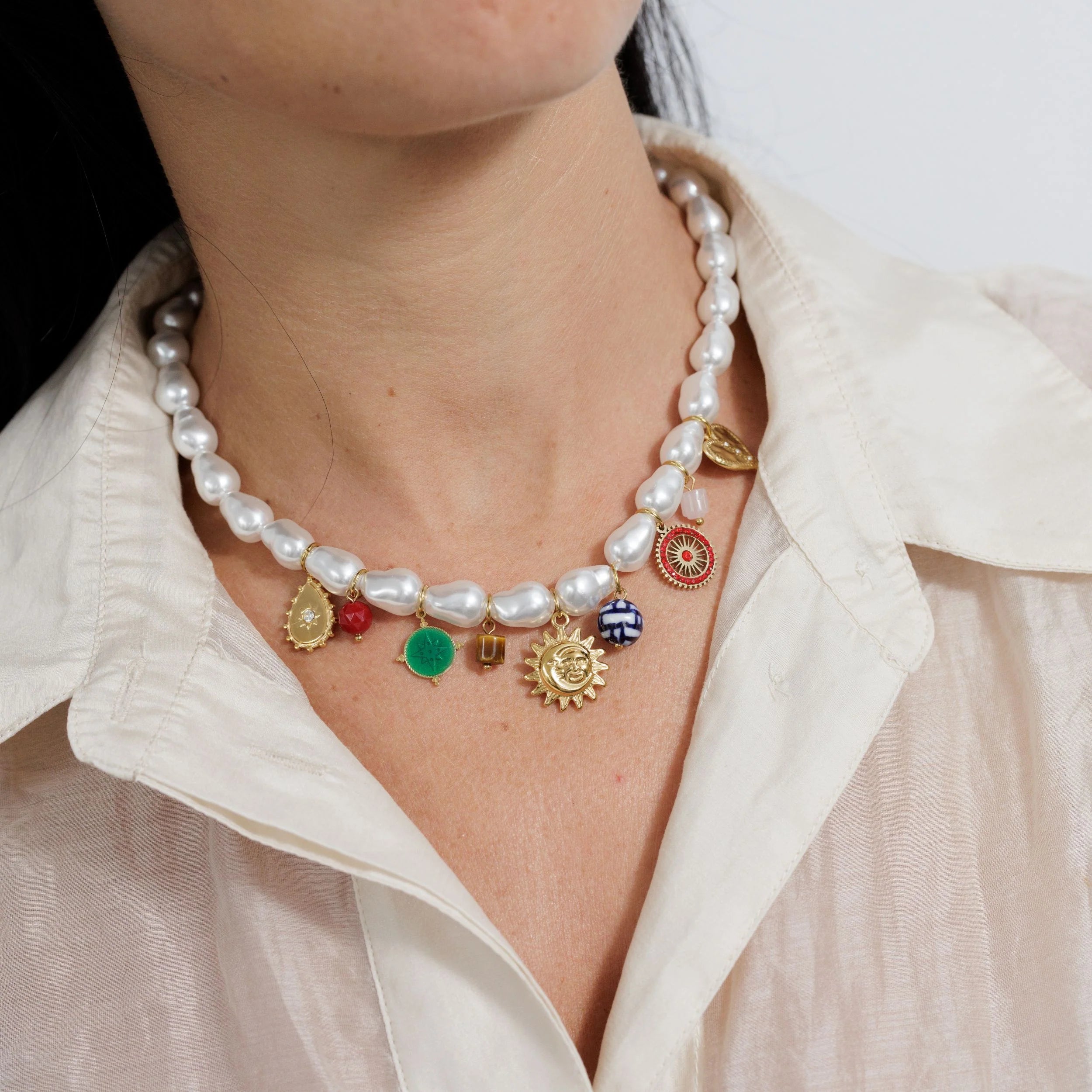 Golden Sun Charm Pearl Necklace