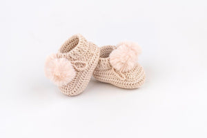 Topsy Pom Pom Crocheted Baby Bootees - Rice