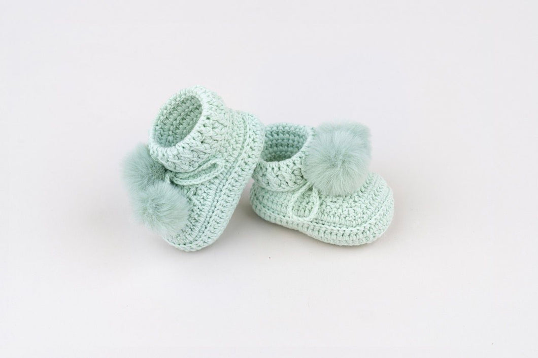 Topsy Pom Pom Crocheted Baby Bootees - Mint