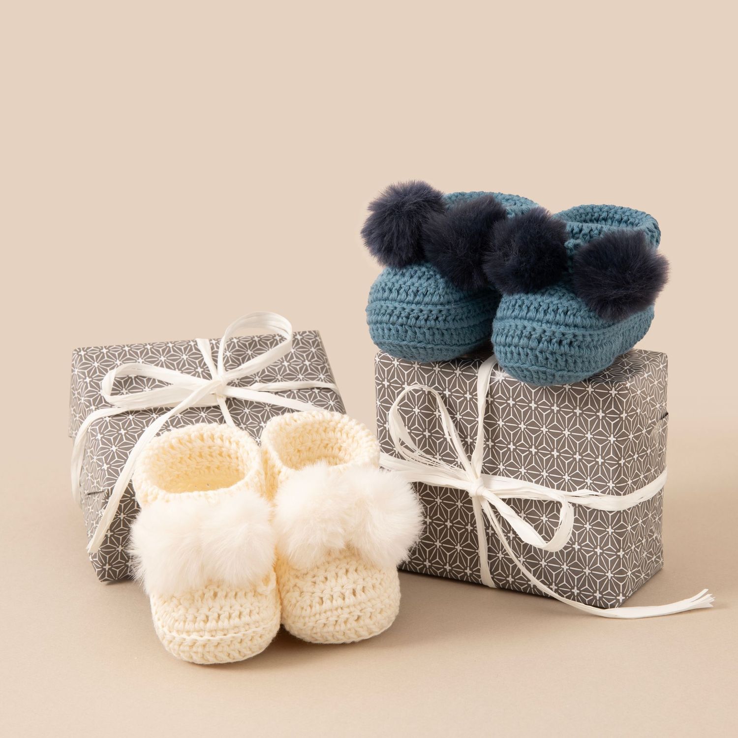 Topsy Pom Pom Crocheted Baby Bootees - Rice