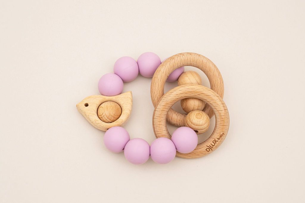 Chirpy Wooden & Silicone Baby Teether - Lilac