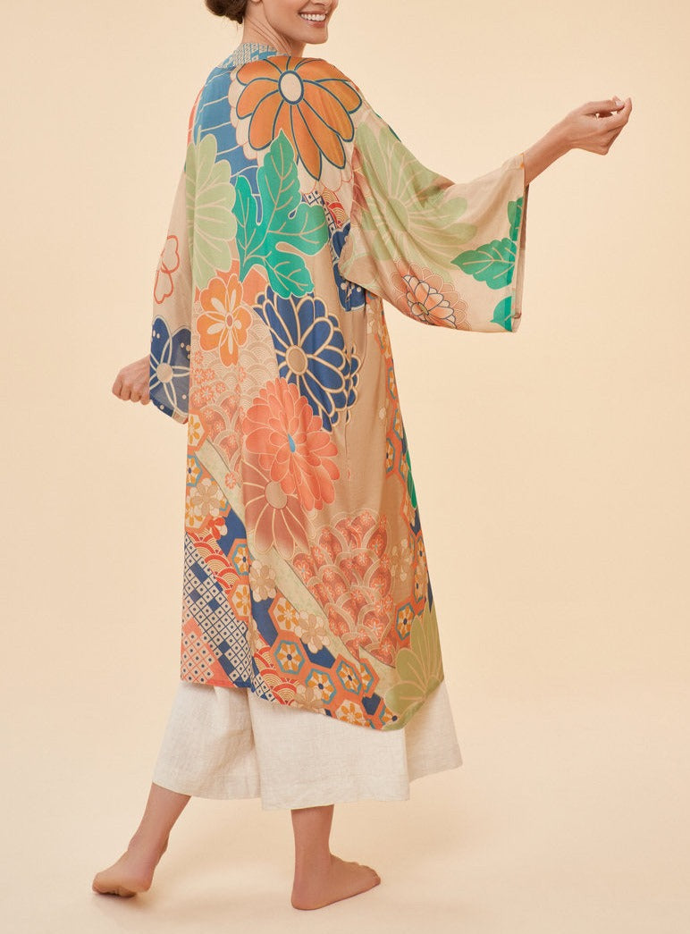 70s Kaleidoscope Floral Kimono Gown in Coconut