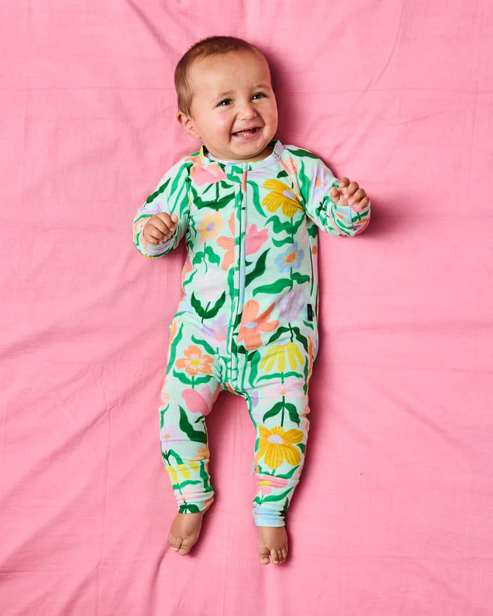Popping Flowers Green Organic Long Sleeve Zip Romper