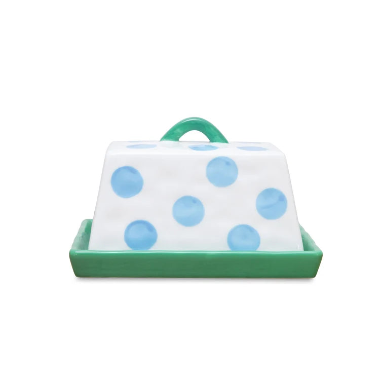 Large Ceramic Butter Dish - Blue & Green Dotted