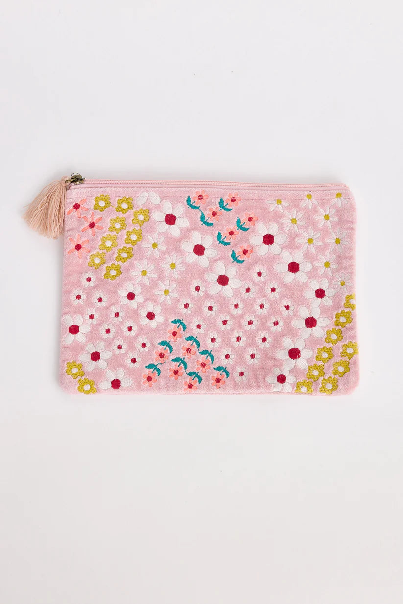 Lani Embroidered Velvet Pouch – Baby Pink