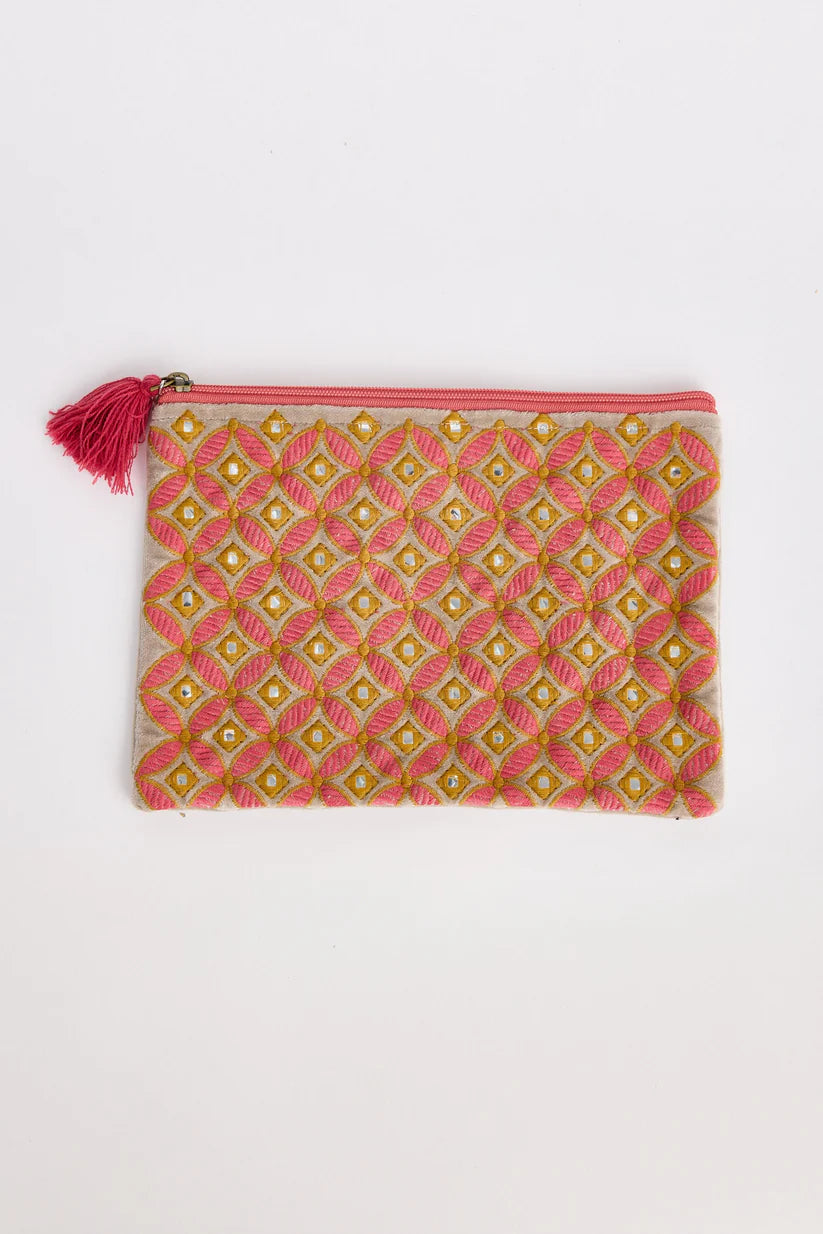 Lani Embroidered Velvet  Pouch - Taupe