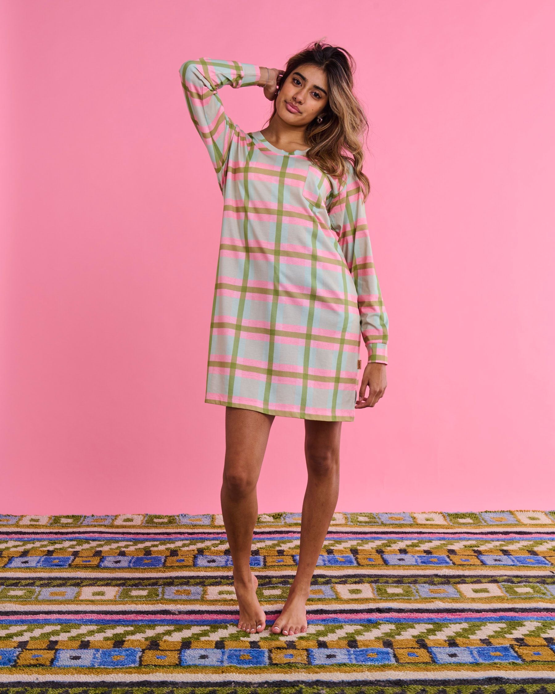 Pistachio Tartan Organic Cotton Long Sleeve Nightie** Last One Available size 8