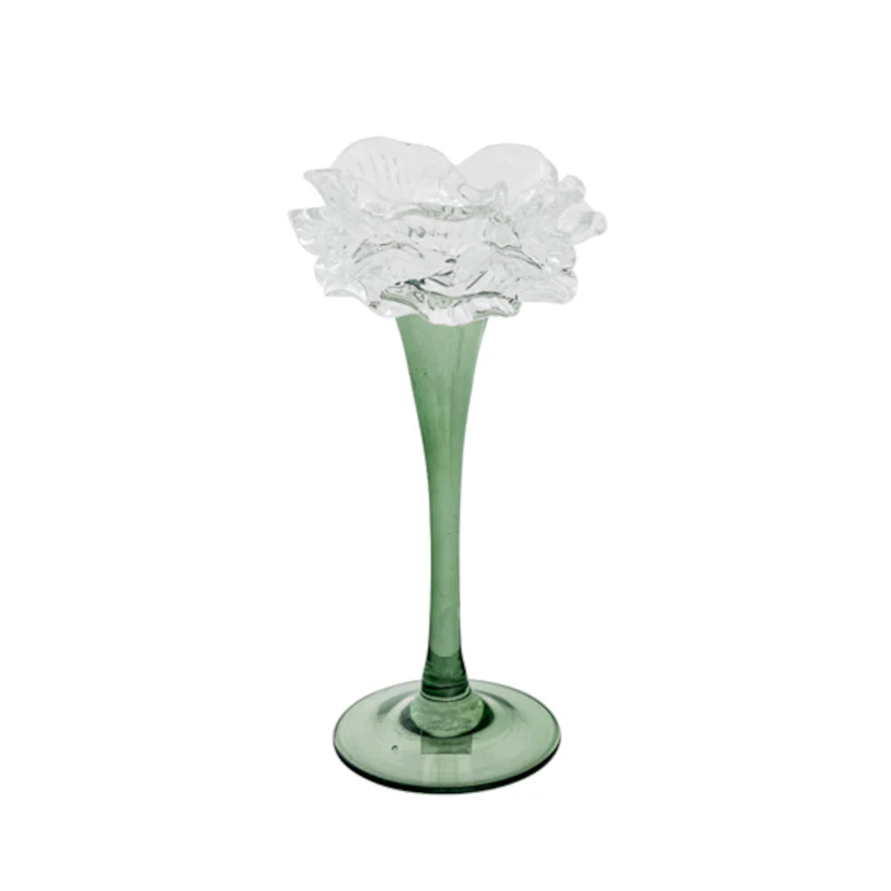 Glass Flower Candle Holder Clear/Green Large