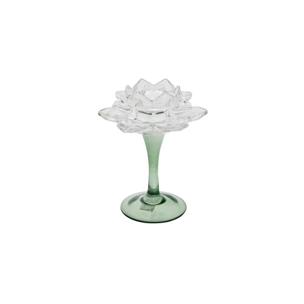 Glass Flower Candle Holder Clear/Green Small