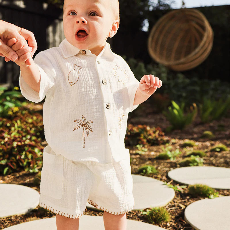 Woven Embroidered Short Sleeve Shirt - Coconut