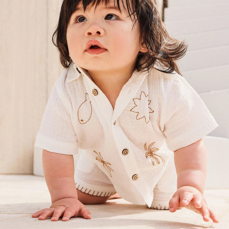Woven Embroidered Short Sleeve Shirt - Coconut