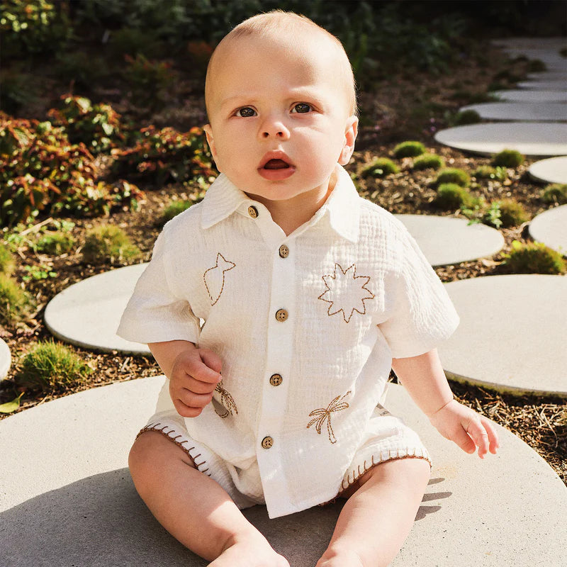 Woven Embroidered Short Sleeve Shirt - Coconut