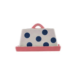 Large Butter Dish Navy Dots with Pink Tray