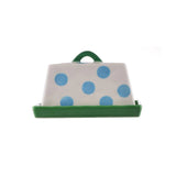 Butter Dish - Blue Dots with Green Handle & Tray