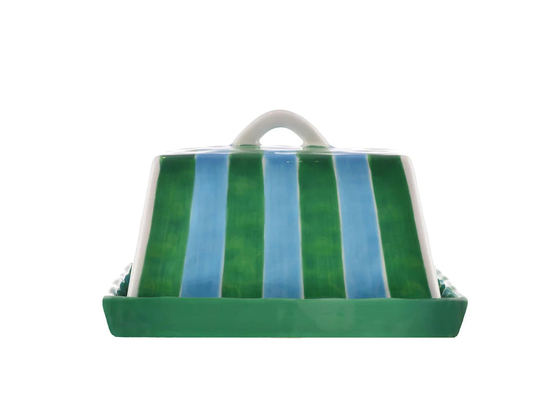 Large Butter Dish - Cornflower Blue & Green Stripe