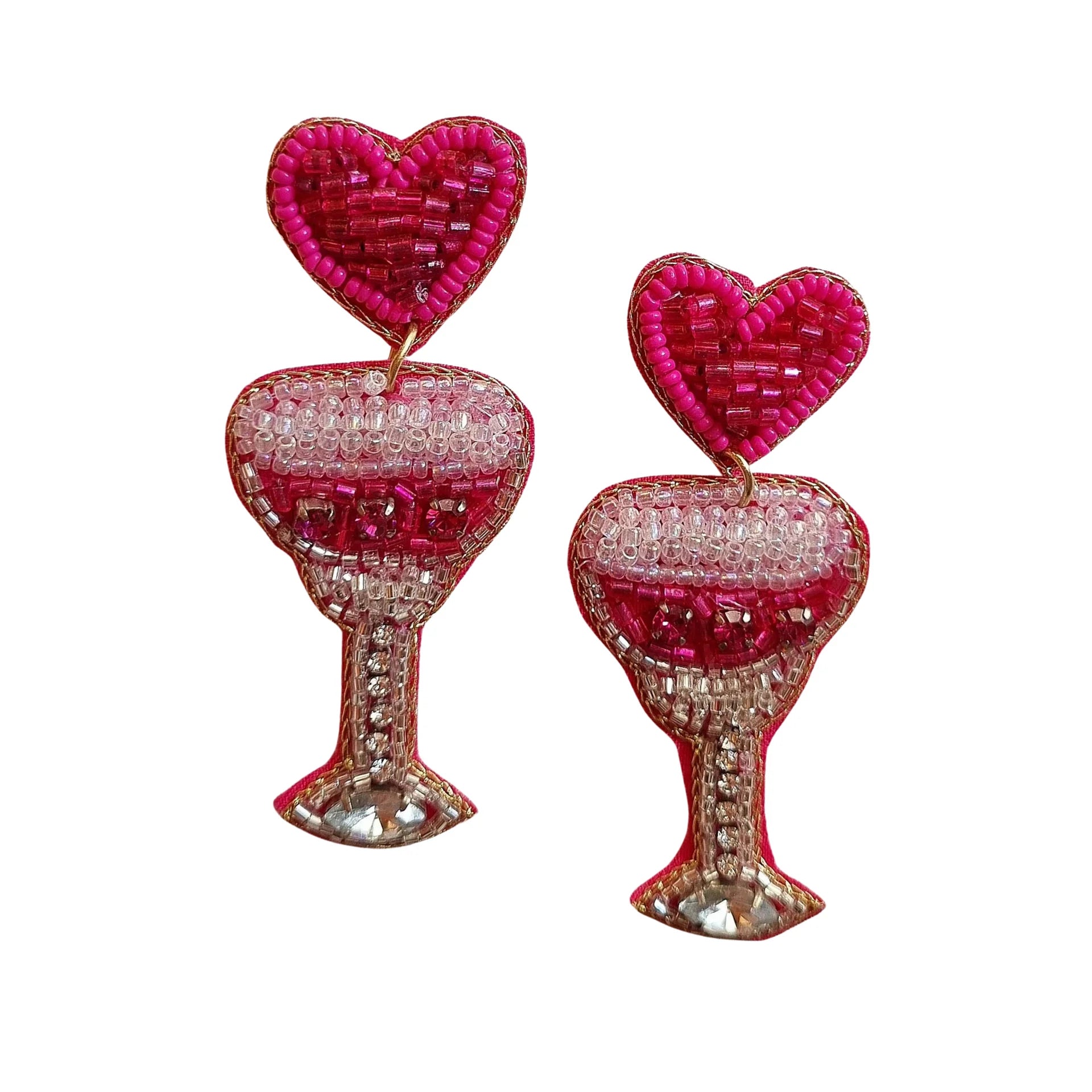 Beaded Pink Heart Martini Earrings