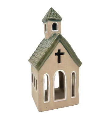 Ceramic Fawn & Green Tealight Church
