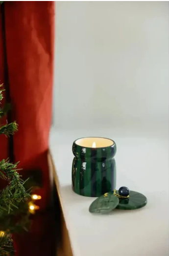Green/Navy Striped Candle - Balsam & Fir