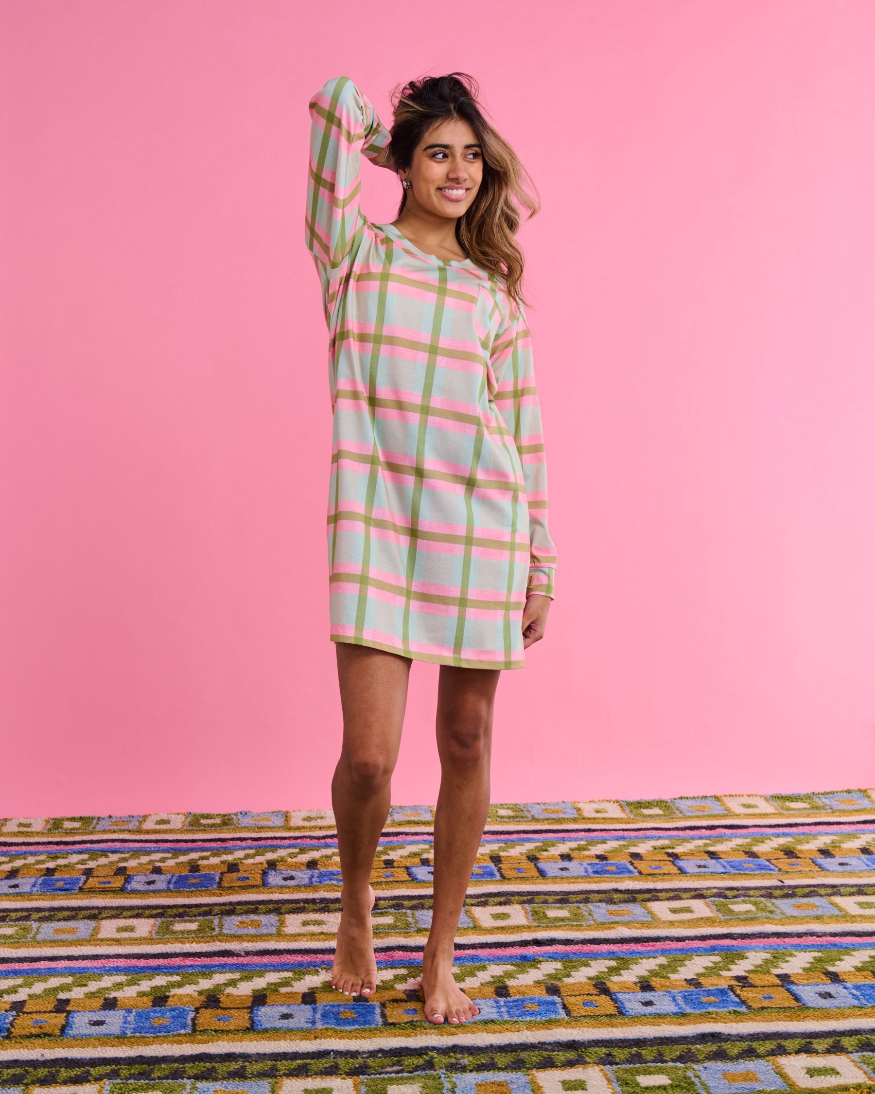 Pistachio Tartan Organic Cotton Long Sleeve Nightie** Last One Available size 8