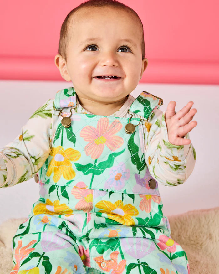 Popping Flowers Green Organic Cotton Quilted Fleece Overalls