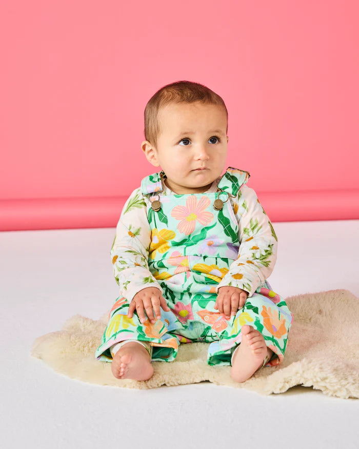Popping Flowers Green Organic Cotton Quilted Fleece Overalls