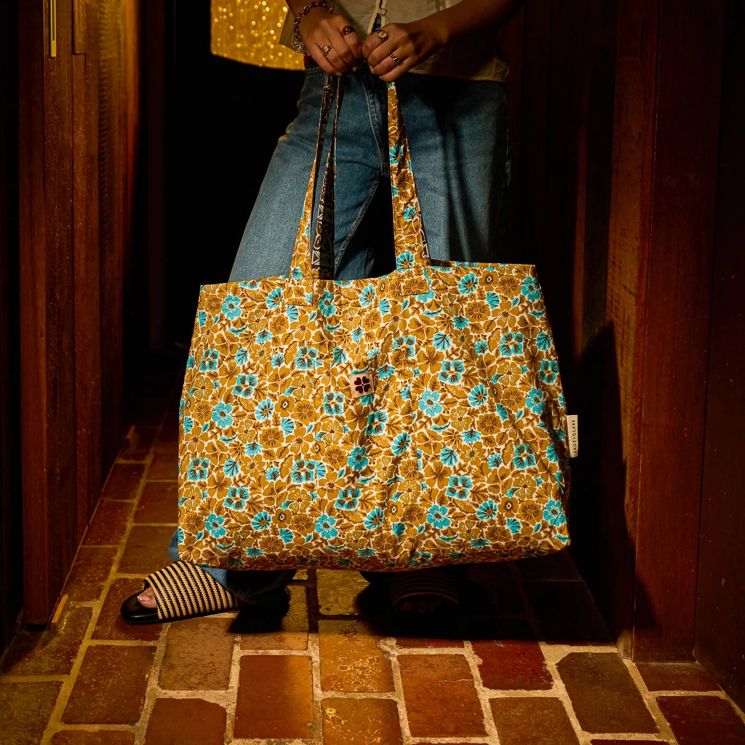 Magnolia Reversible Cotton Tote Bag - Turquoise