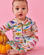 Load image into Gallery viewer, Dino Max White Organic Long Sleeve Zip Romper
