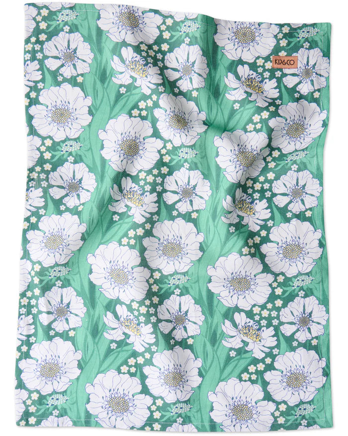 The Tumbling Flowers Green Linen Tea Towel