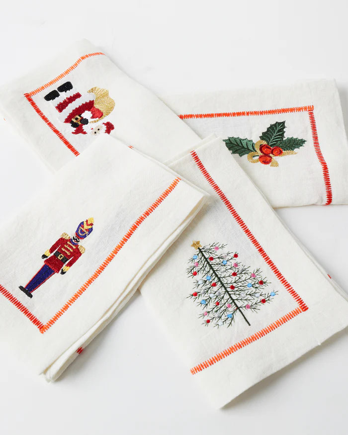 Noel Embroidered Linen 4P Napkin Set