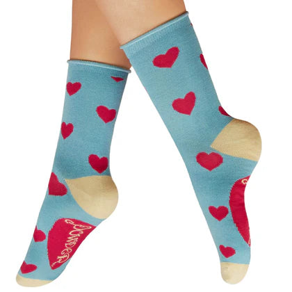 Ladies Knitted Ankle Socks Hearts Denim