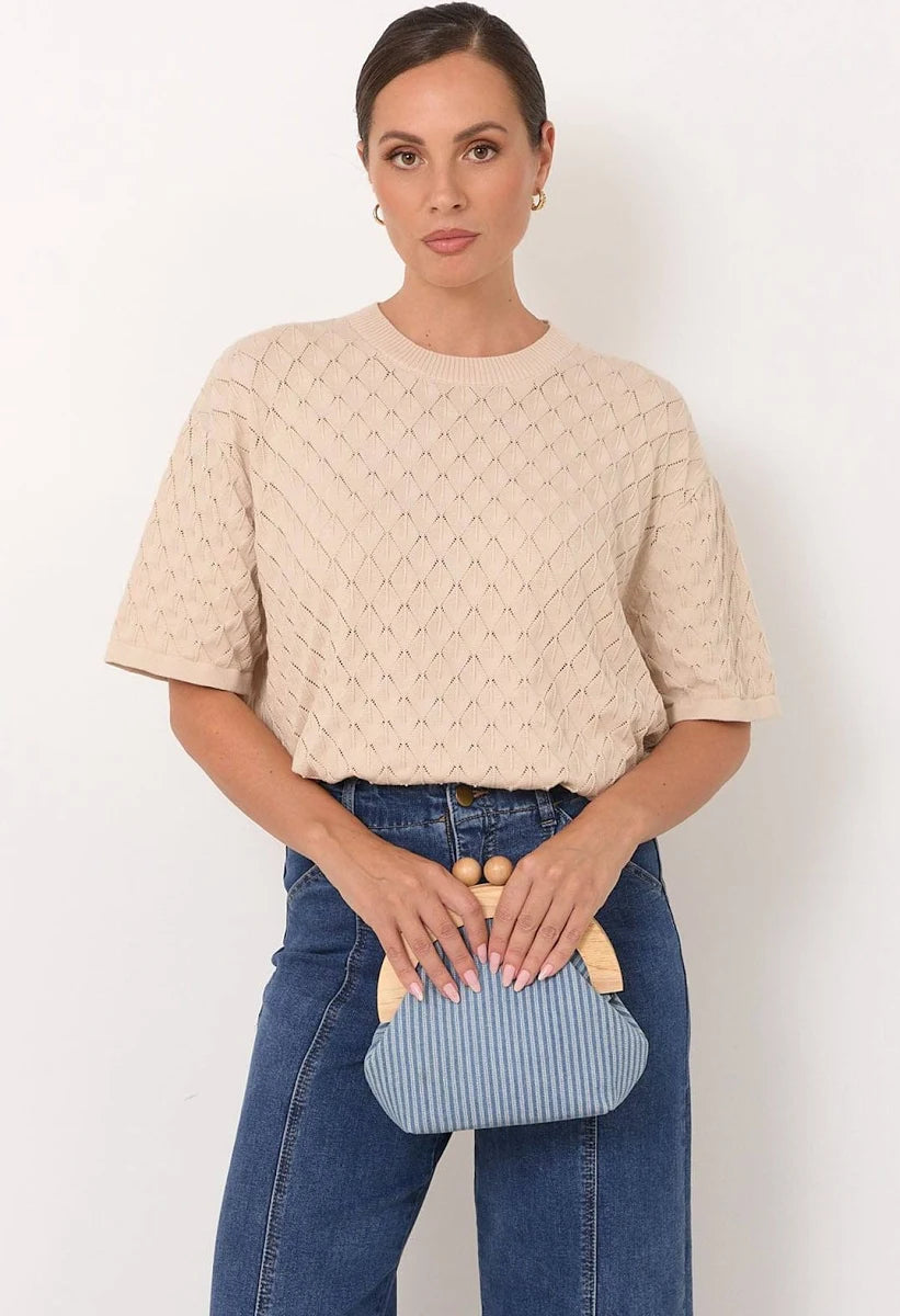 Pinstripe Denim Timber Frame Clutch