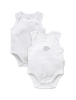 2 Pack Singlet Bodysuit White/Pale Grey Stripe