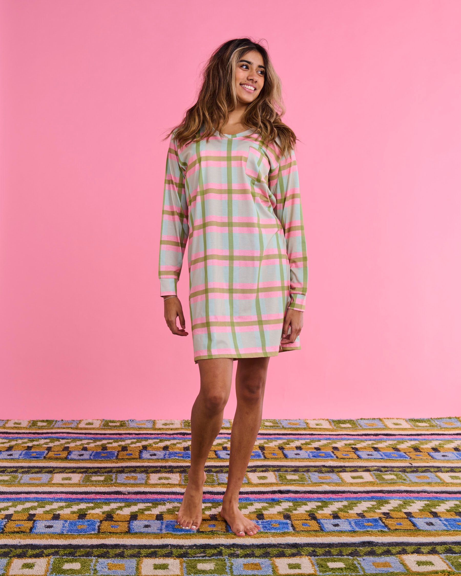 Pistachio Tartan Organic Cotton Long Sleeve Nightie** Last One Available size 8