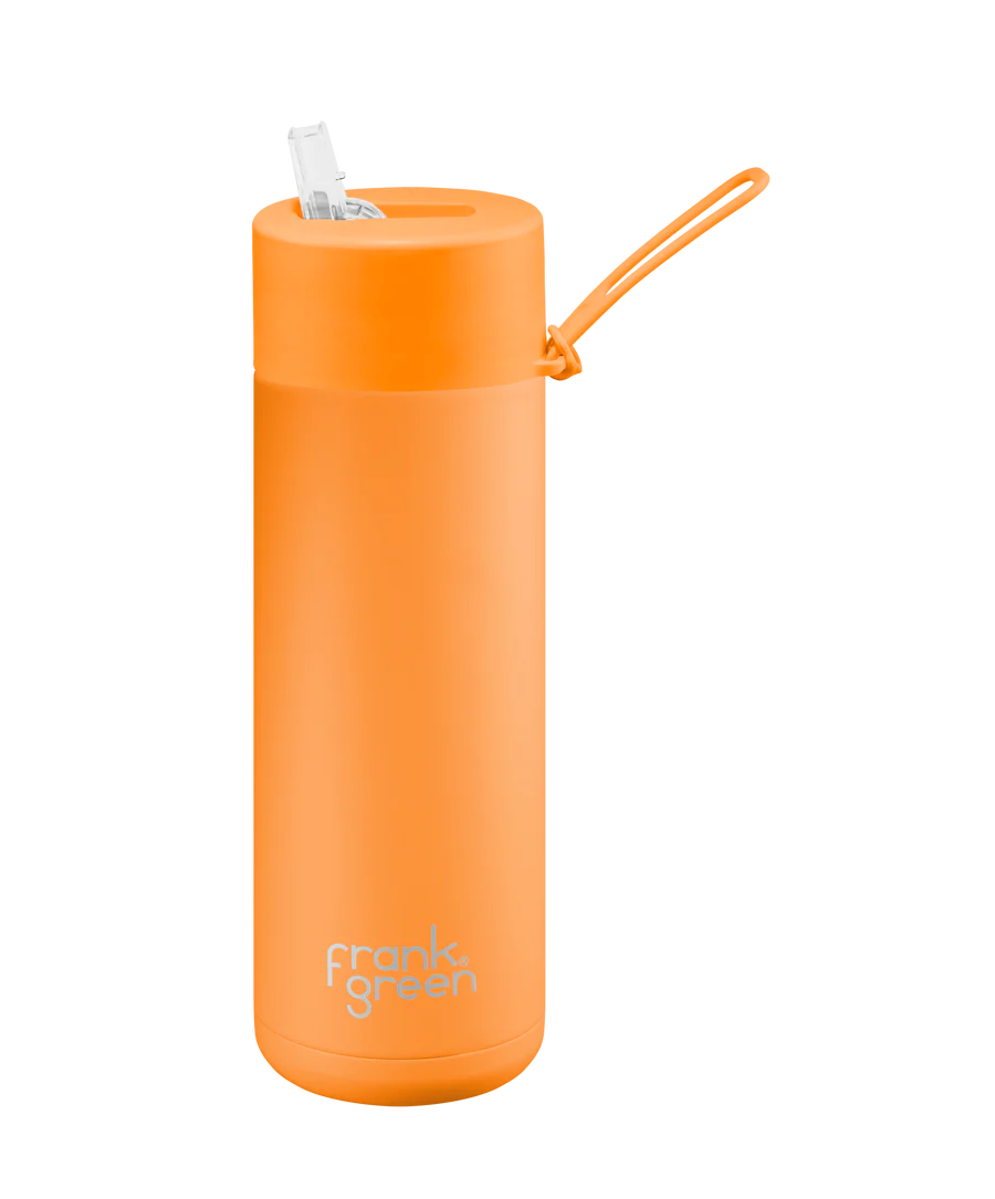 Stainless Steel Ceramic Reusable Bottle Neon Orange with Straw Lid