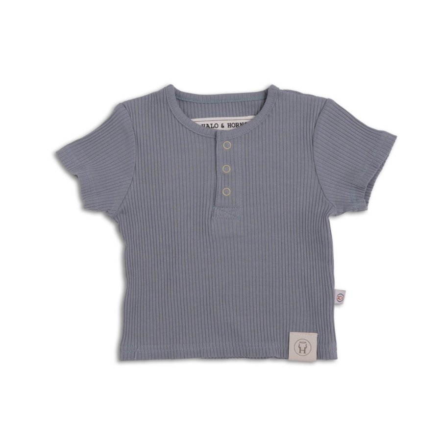 Henley Shirt Organic Ribbed Cotton Bluestone..Last One Available