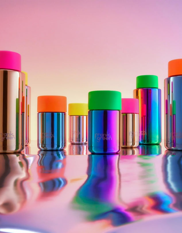 Frank Green Ceramic Cup 295ml Button Lid - Chrome Rainbow & Green